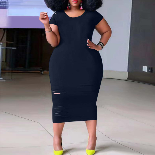 Plus Size Solid Short Sleeve Midi Dress SH-390500