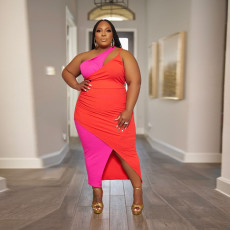 Plus Size Contrast Color Slash Shoulder Maxi Dress NY-10463