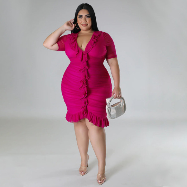 Plus Size Double Layer Ruffle V Neck Midi Dress NNWF-7816