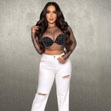 Mesh Hot Drill Beaded Pullover BY-6355