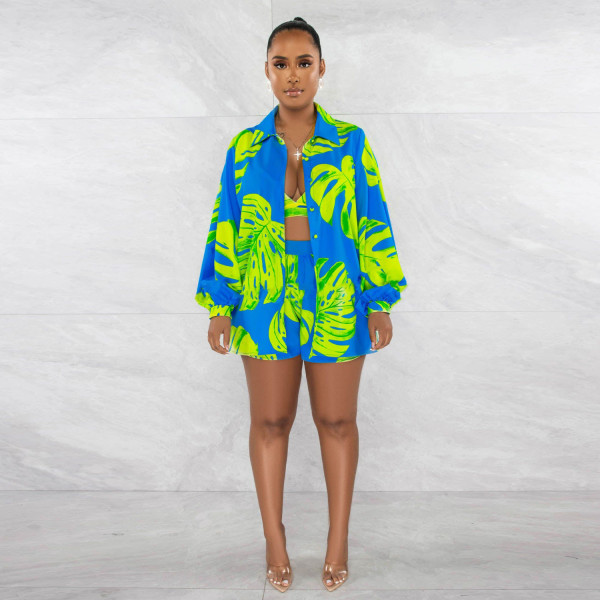 Plus Size Fashion Print Long Sleeve Coats Three Piece Set NY-10458