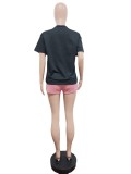 Letter Print Color Block Sport Two Piece Shorts Set MEM-88488