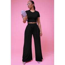 Casual Solid Short Sleeve Wide Leg Pant Two Piece Set FOSF-8361