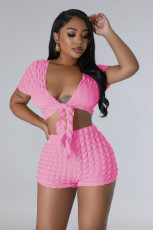 Solid Color Tie Up Tops And Shorts Two Piece Set YD-1173