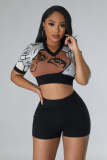 Print Lapel Neck Crop Tops And Shorts Sweater Suit OSM-4397
