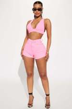 Sexy Solid Color Denim Two Piece Shorts Set YD-8736