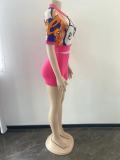Print Lapel Neck Crop Tops And Shorts Sweater Suit OSM-4397