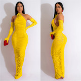 Solid Long Gloves Hollow Out Long Dress BY-6379
