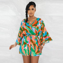 Fashion Print Long Sleeve Backless Romper With Belt YF-10517