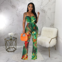 Sexy Print Sling Backless Flare Jumpsuit With Belt YF-10516