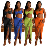 Solid Color Sling Tops And Pleated Slit Skirt 2 Piece Set YF-10503