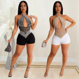Sexy Hot Drill Halter Mesh Backless Romper BY-6390