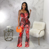 Sexy Print Sling Backless Flare Jumpsuit With Belt YF-10516
