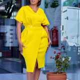 Plus Size Fashion V-neck Sexy Midi Dress With Belt GATE-D366