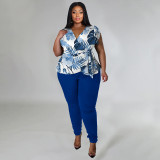 Plus Size Casual Print V Neck Tops And Pants Two Piece Set NNWF-7849