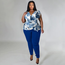 Plus Size Casual Print V Neck Tops And Pants Two Piece Set NNWF-7849