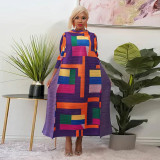Color Block Print 3/4 Sleeve Maxi Dress YF-10500