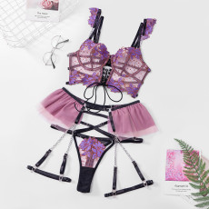 Embroidery Mesh Flower Bra Erotic Lingerie Set GAXL-2009