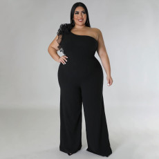 Plus Size Mesh Patchwork Single Shoulder Jumpsuit NNWF-7824