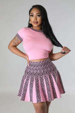 O Neck Short Sleeve Tops And Pleated Skirt Two Piece Set OSM-4399