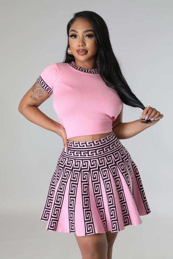 O Neck Short Sleeve Tops And Pleated Skirt Two Piece Set OSM-4399