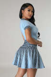 O Neck Short Sleeve Tops And Pleated Skirt Two Piece Set OSM-4399