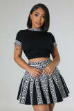 O Neck Short Sleeve Tops And Pleated Skirt Two Piece Set OSM-4399