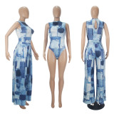 Print Sleeveless Bodysuit And Wide Leg Pants 2 Piece Set SHD-9615