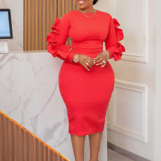 Plus Size Fashion Elegant Long Sleeve Midi Dress GATE-D377