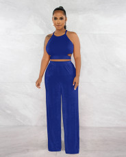Solid Halter Cross Tie Up Tops And Wide Leg Pants 2 Piece Set XMY-9428