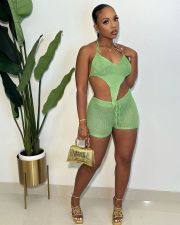 Sexy Sleeveless Halter Knits Two Piece Shorts Set TK-6292
