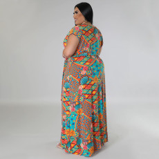Plus Size Bohemian Print V-neck Big Swing Maxi Dress NNWF-7857