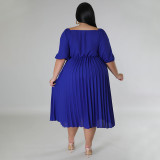 Plus Size Solid Lantern Sleeve Pleated Midi Dress NNWF-7873