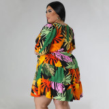 Plus Size Print Lantern Sleeve Midi Dress NNWF-7862