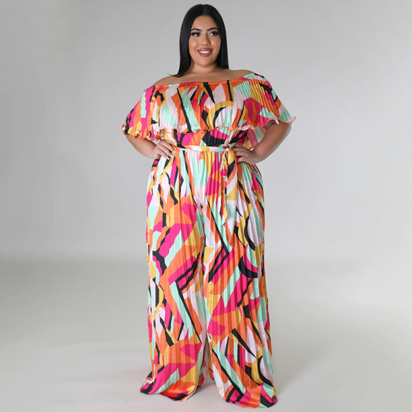 Plus Size Print One Shoulder Backless Loose Jumpsuit NNWF-7863