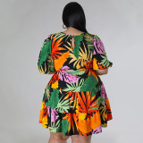 Plus Size Print Lantern Sleeve Midi Dress NNWF-7862