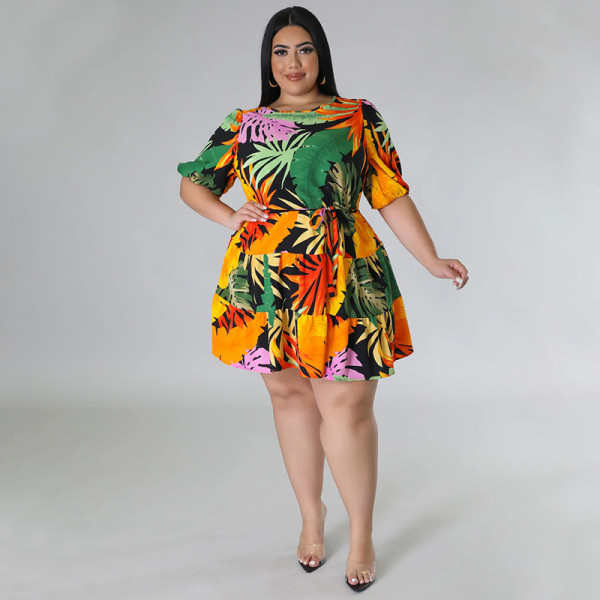 Plus Size Print Lantern Sleeve Midi Dress NNWF-7862