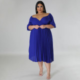 Plus Size Solid Lantern Sleeve Pleated Midi Dress NNWF-7873