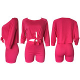 Solid Color Tie Up Crop Tops And Shorts Two Piece Set XMY-9427