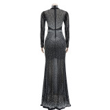 Hot Drill Long Sleeve Mesh Maxi Dress BY-6369