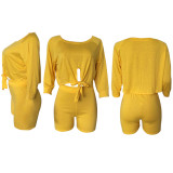 Solid Color Tie Up Crop Tops And Shorts Two Piece Set XMY-9427