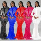 Hot Drill Long Sleeve Mesh Maxi Dress BY-6369