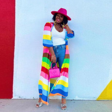 Plus Size Rainbow Color Long Cardigan Coat NY-10505