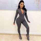 Solid Color Zipper Long Sleeve Tight Jumpsuit CHY-1353