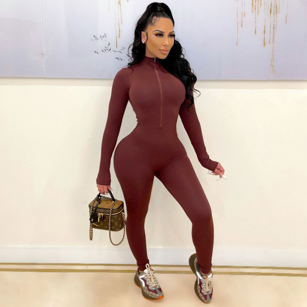 Solid Color Zipper Long Sleeve Tight Jumpsuit CHY-1353