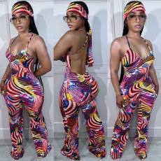 Sleeveless Sling Painted Print Backless jumpsuit(With Headscarf) LSL-6516