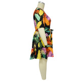 Plus Size Print Lantern Sleeve Midi Dress NNWF-7862