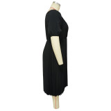 Plus Size Solid Lantern Sleeve Pleated Midi Dress NNWF-7873