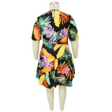 Plus Size Print Lantern Sleeve Midi Dress NNWF-7862