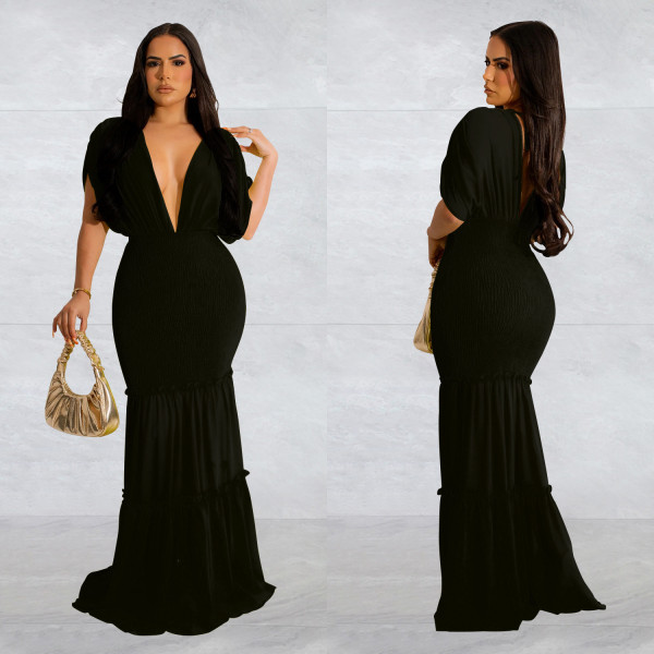 Solid Pleated Deep V Neck Maxi Dress BY-6363